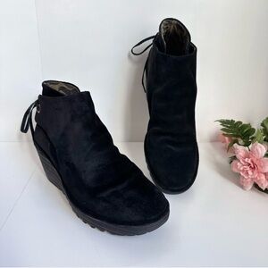 FLY London Yebi Black Suede Ruched Back Tie Detail Ankle Wedge Booties